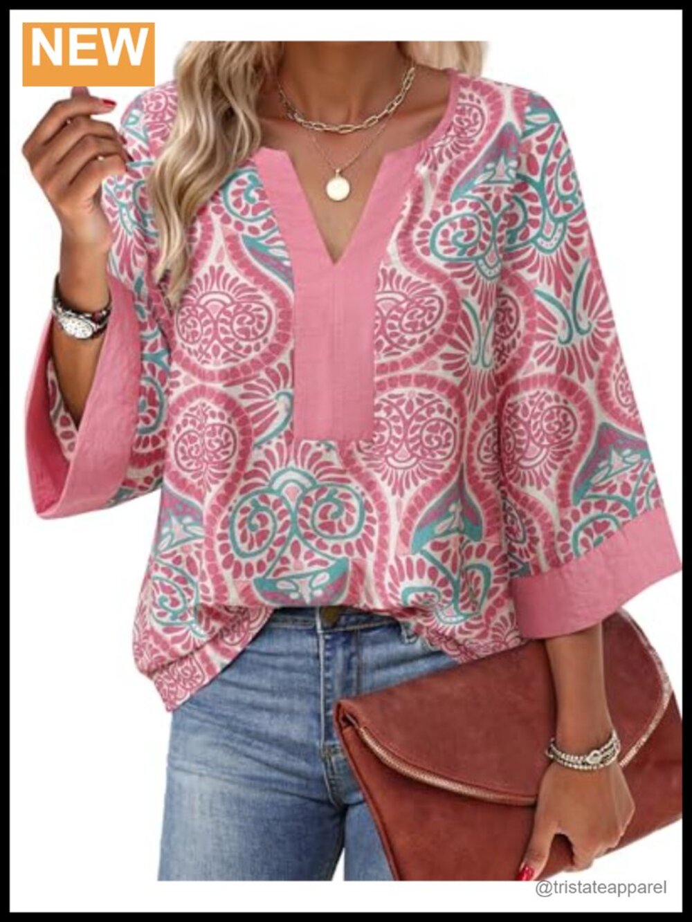 Women Blouses Dressy Casual 3/4 Sleeve V Neck Floral Loose Fit Tunic Top